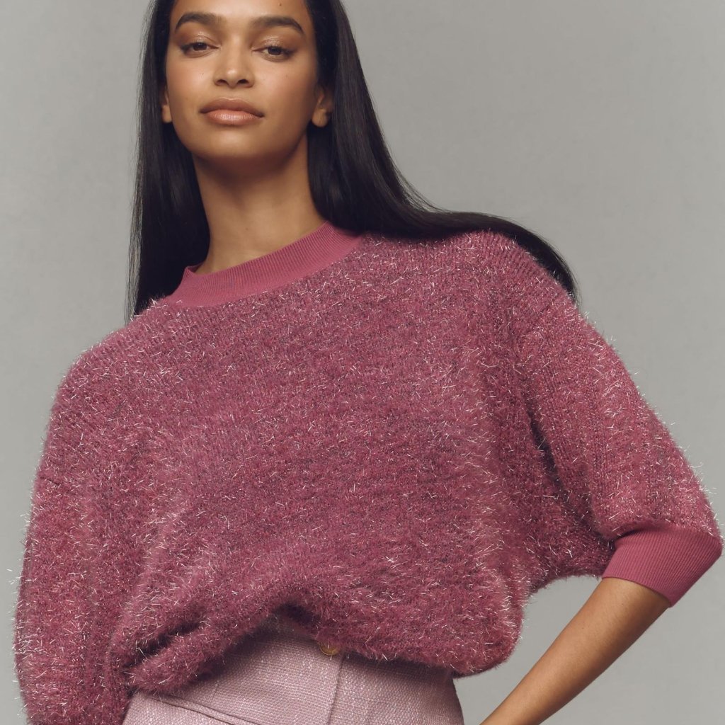 Anthropologie Maeve Violetta Short-Sleeve Tinsel Sweater In Pink Size M Nwt